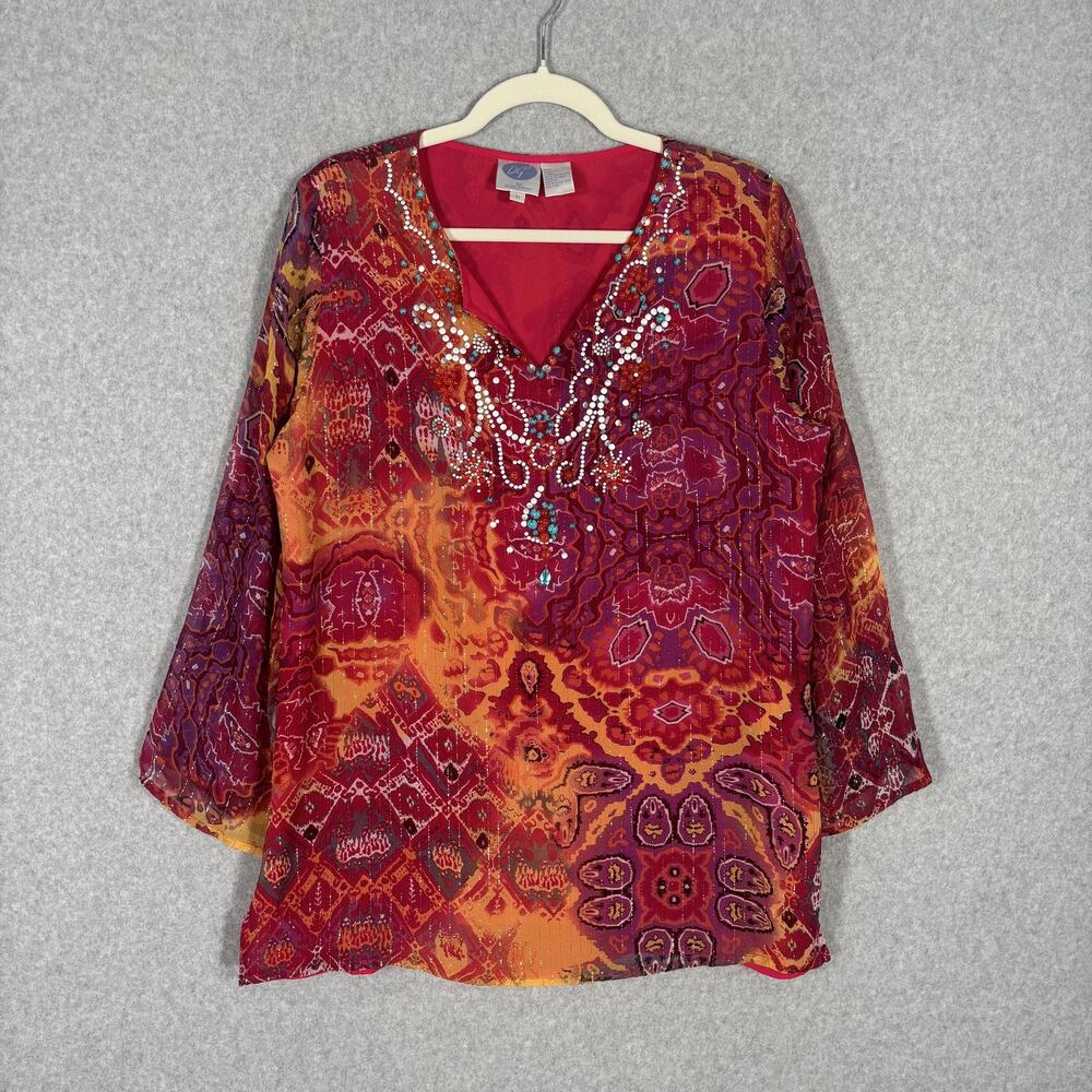 Diane Gilman‎ Silk Tunic Top Medium Ikat Southwestern Beaded Abstract Metallic